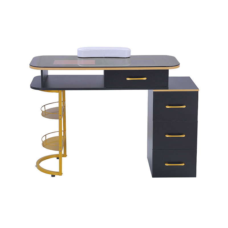 HZ2055 / HZ2055B マニキュアテーブルガラストップネイルデスクステーション、4 つの引き出しと 2 段の収納棚付き